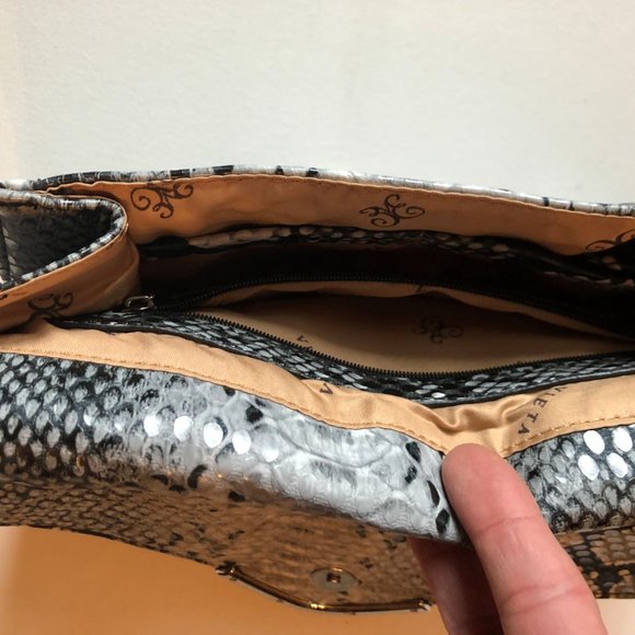 Vieta Clutch Snakeskin Print foldover Bag With Silvertone Hardware - Picture 5 of 7